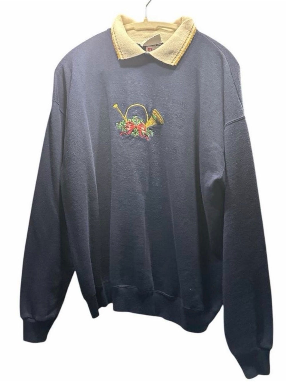 Vintage Hanes Navy Crewneck Sweater with Cream Collar Embroidered Horn size XL